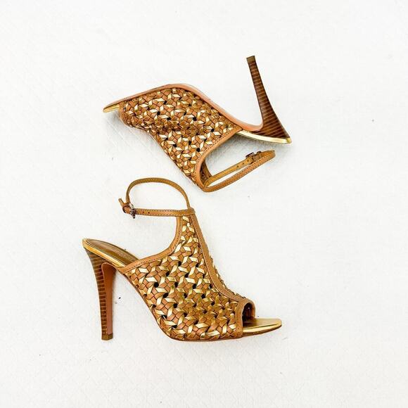 Coach Leela Brown Woven Basketweave Metallic Heeled Open Toe Sandal 7.5 - Picture 3 of 7